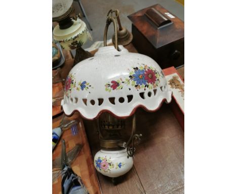 Italian pottery oil lamp style hanging centre lamp, together with an early 20th century double burner oil lamp with ceramic r