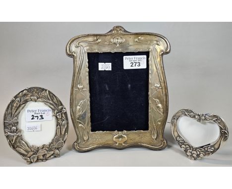 Art Nouveau style silver easel picture frame, embossed with organic designs and Kingfishers, by Ray Hall, Birmingham. Togethe