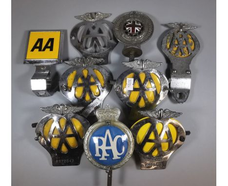 Collection of vintage car badges to include: AA, RAC, and Royal Automobile Club Association. (9) (B.P. 21% + VAT)