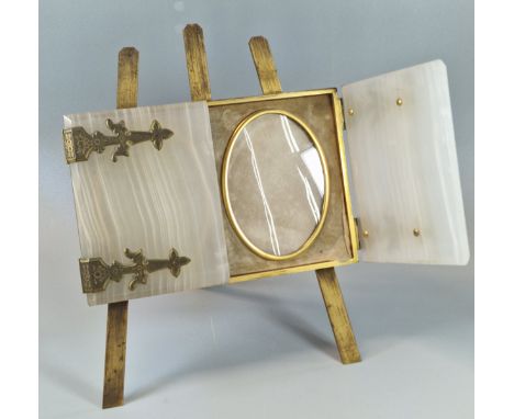 Victorian brass onyx and gilt metal velvet twin photo easel frame. 29cm high x 25cm wide approx. (B.P. 21% + VAT)