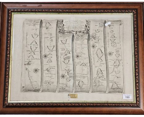 John Ogilby, an original strip road map, Burton Ferry to St David's, uncoloured. 35x46cm approx. Framed and glazed. (B.P. 21%