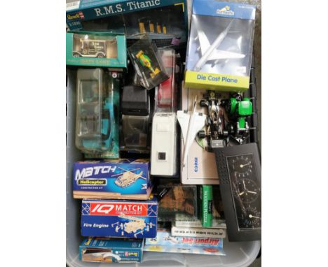Large collection of toys and diecast vehicles to include: Corgi AAC Regal Commercials Bus, diecast plane by Funtastic, IQ Mat