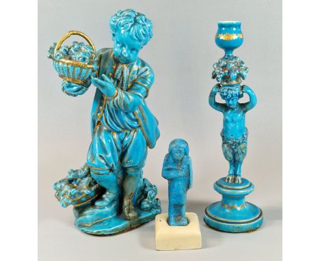 Two 19th century French Sevres style turquoise ground figurines, one with basket of flowers, the other a figure formed as a c