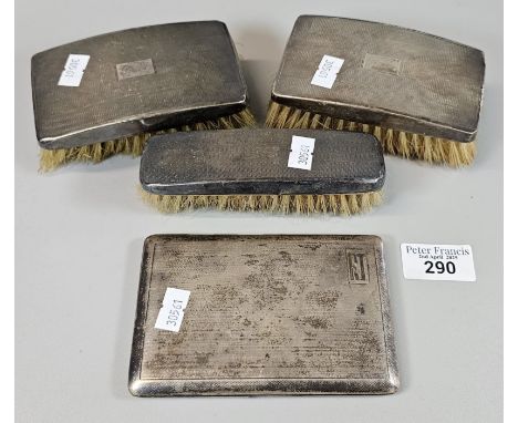 Silver engine turned cigarette case with monogram. Birmingham hallmarks. 5.7 troy oz approx. Together with a set of three sil
