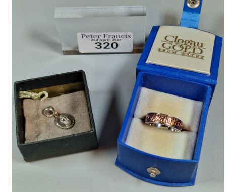 Clogau silver and rose gold Celtic design ring band. In original box. 3.5g approx. Size R. Together with a Clogau pendant cha