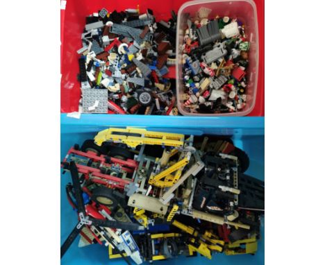 Two large plastic boxes of Lego and Lego block, to include: figures, cranes, police boat, lorries etc. (2) (B.P. 21% + VAT)