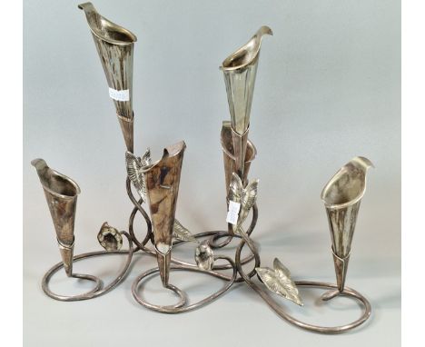 Pair of Walker and Hall silver plated Art Nouveau design three section table epergnes, with trailing leaves and flowers. (2) 