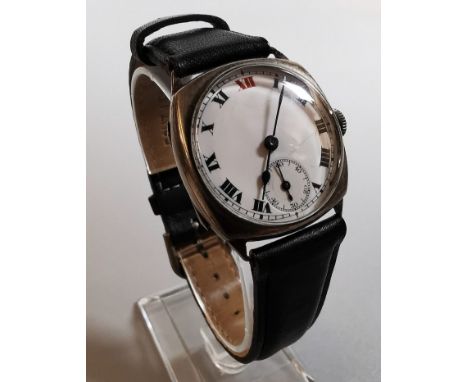 Cyma silver cushion shaped vintage gentleman's wristwatch with white enamel face, having Roman numerals and seconds dial, eng