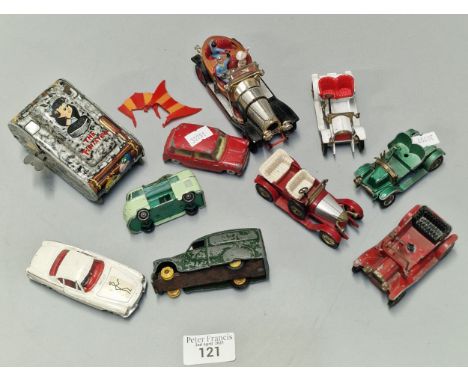 Collection of playworn diecast model vehicles and tin plate items to include: The Flintstones, Corgi Toys Chitty Chitty Bang 