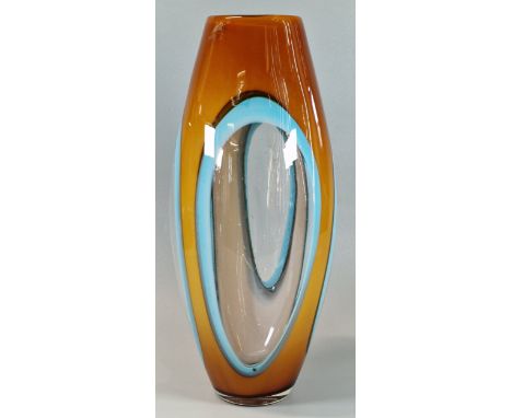 Mid century Murano style Art Glass orange and blue vase, of ovoid form. 34cm high approx. (B.P. 21% + VAT)