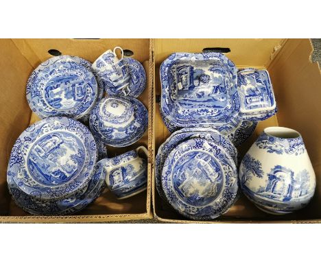 Two boxes of Spode 'Italian' design blue and white dinner ware items to include: bowls, plates, cups, saucers, vase, baluster