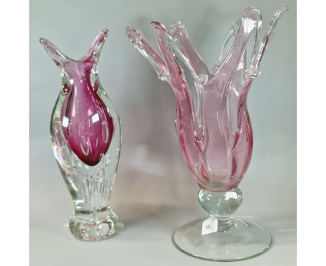 Mid century Venetian or Murano Art Glass cranberry and clear vase, together with another cranberry and clear pedestal vase. (