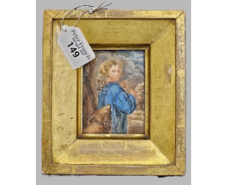 School of James Green (British 1771-1834), miniature portrait of a child playing flute with dog. Watercolours. 9x6.5cm approx