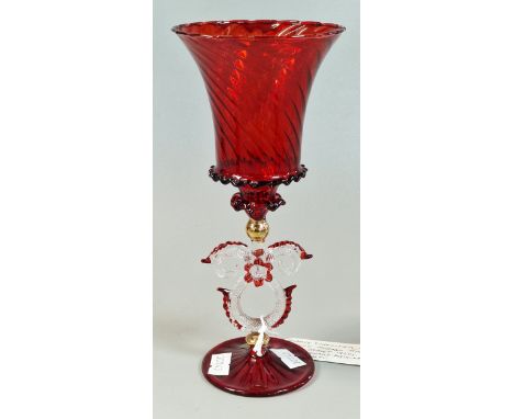 Murano ruby ground writhen Tipetto glass goblet. 20.5cm high approx.  (B.P. 21% + VAT)