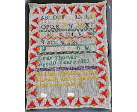 19th century Welsh sampler by Emily Thomas aged 11 years 1883. Unframed. (B.P. 21% + VAT)