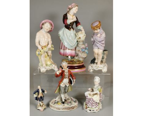 Collection of continental porcelain figurines to include: 18th century gentleman, nude figure with posy basket of flowers, la