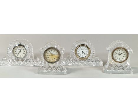 Two Waterford crystal miniature mantel clocks, together with two Waterford lead crystal small carriage clocks. (4) (B.P. 21% 