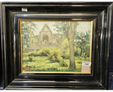British School (20th century, indistinctly signed) 'A sketch made in the Wye Valley at Tintern Abbey', oils on canvas. 23x30c