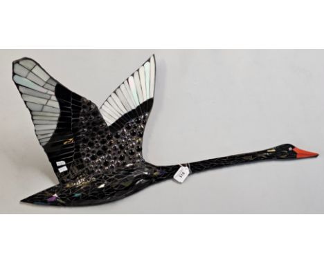 K Rattray, an unusual mosaic decorated wall hanging ornament in the form of a flying black swan, signed and dated 2019 to the