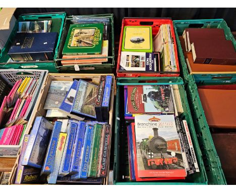 Eight crates of assorted railway books, pamphlets, bound magazines, videos and Ordnance Survey Land Ranger type maps. (8) (B.
