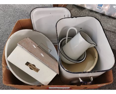 Collection of enamel kitchenalia wares to include: bread bid and cover, jugs, bowls etc. (B.P. 21% + VAT)
