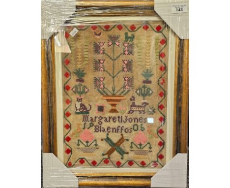 Early 20th century Welsh tapestry sampler by Margaret Jones, Blaenffos. 40x28cm approx. Reframed. (B.P. 21% + VAT)