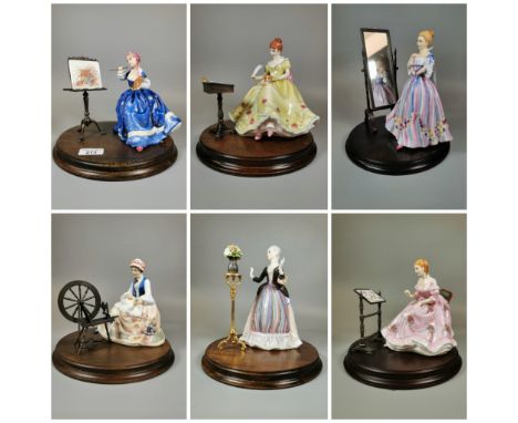 Set of six Royal Doulton The Gentle Arts figurines to include: 'Writing', 'Painting', 'Adornment', 'Spinning', 'Tapestry' and