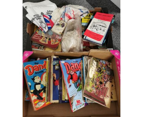 Tray of assorted books to include: 'Giles', 'Whizzer and Chips' annual, 'The Doctor Who Annual 1977', 'The Dandy Annual 2022'