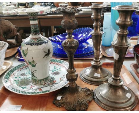 Chinese Republic porcelain baluster shaped vase, together with a similar plate. (both A/F). Together with a pair of silver pl