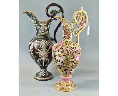 Zsolnay Pecs reticulated floral ewer, with impressed and painted marks to the underside, standing 37cm high approx. Together 
