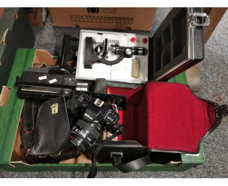 Nikon F401 camera, in case with manual together with Compact 3000 Power Zoom camcorder and student microscope in fitted case.
