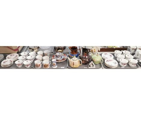 Three trays of assorted china to include: Royal albert 'Lavender Rose' part tea set, group of commemorative mugs and cups, Qu