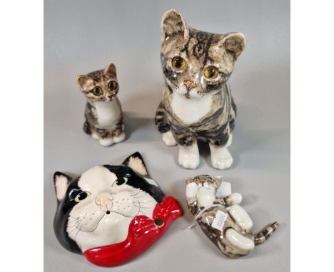 Jenny Winstanley, three ceramic studies of Tabby Cats/kittens, all with glass eyes. Together with a Babbacombe Pottery hand-p