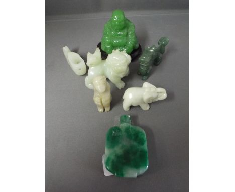 A Collection of Oriental Glass and Jade Effect Items to Include Opium Bottle, Dragon Ornaments Etc. 