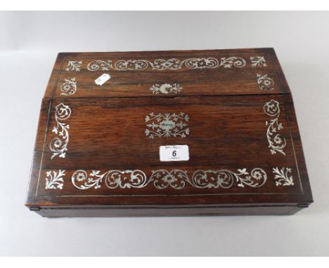 A Late Victorian Mother of Pearl Inlaid Rosewood Writing Slope with Fitted Interior and Top Escutcheon Inscribed Mary.