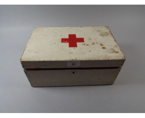 A Painted First Aid Box Containing Silver Plate Items, Picture Frames, Tie, Tools Etc. 