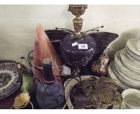 A Tray Containing Table Lamp, Metal Ware Butterfly, Brass American Plaque Etc. 