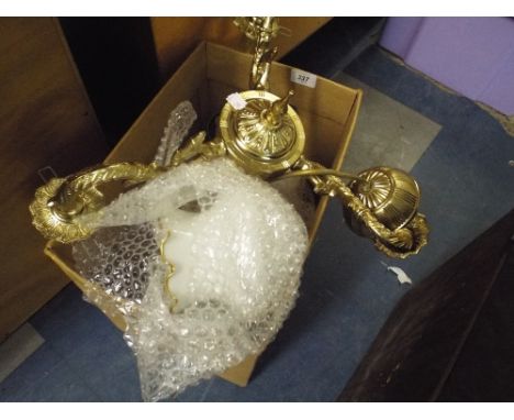 A Brass Three Branch Ceiling Light Shade and Matching Wall Lights. 