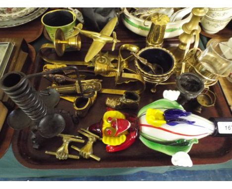A Tray of Brass Ware to Include Model Spitfire, Miners Lamp, Nut Crackers Etc. 
