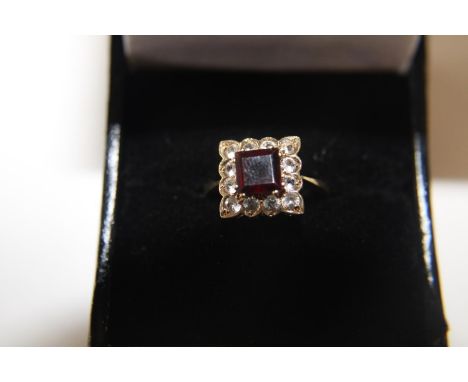 A 9ct gold garnet &amp; white stone square set ring size N 