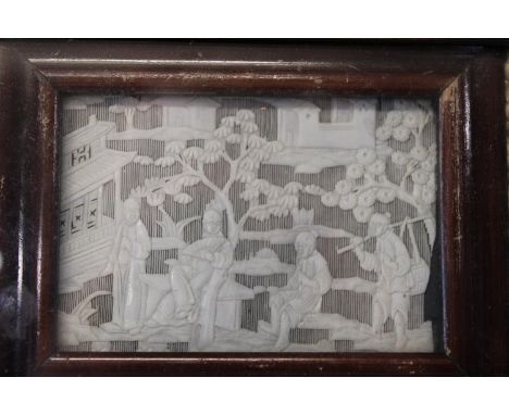 A 1920's Chinese carved ivory panel in frame 14x17cm 