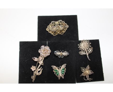 Six vintage silver filigree brooches 