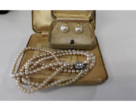 A vintage two string pearl necklace &amp; pair of 9ct gold &amp; pearl earrings in original boxes 