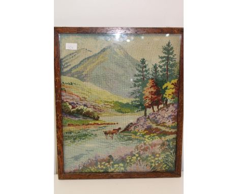 A vintage wool work framed landscape picture 56x45cm 