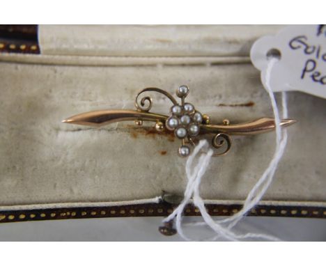 A vintage 9ct rose gold &amp; seed pearl brooch in original fitted case 