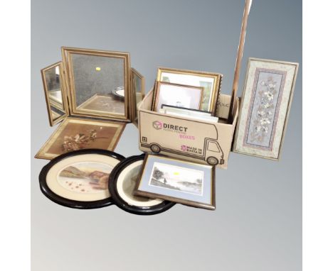 A gilt triple dressing table mirror together with a box of billiard cue, antique and later pictures, watercolours, embroidere