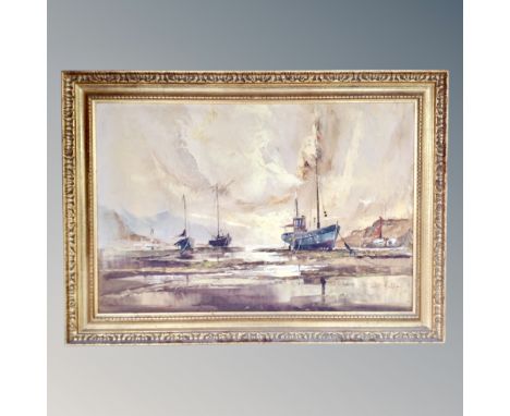 A Jack R Mould oil on canvas : boats at low tide, 75cm by 50cm, in a gilt frame 
