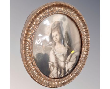 An antique colour print, female portrait behind convex glass in decorative gilt frame 