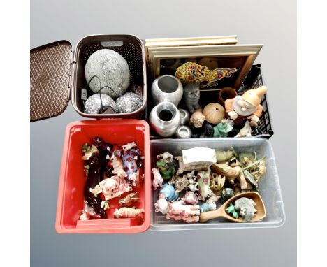 Four crates containing assorted animal ornaments, pewter vases, contemporary lamps, mantel clock etc. 