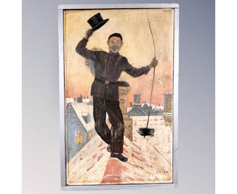 Valde : A chimney sweep on a tiled roof, oil on canvas, 55 cm x 34 cm